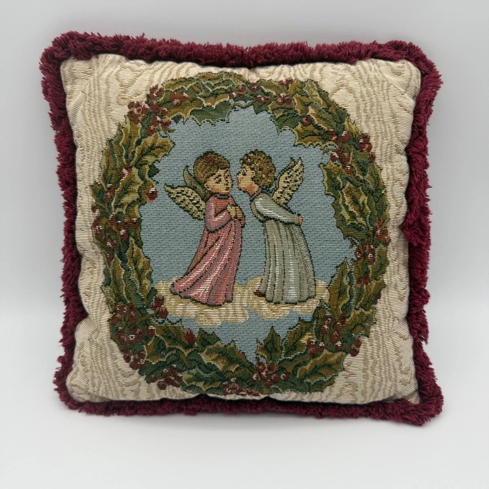 Christmas Angel Tapestry Throw Pillow 13x13 Burgundy Fringe Victorian Holiday